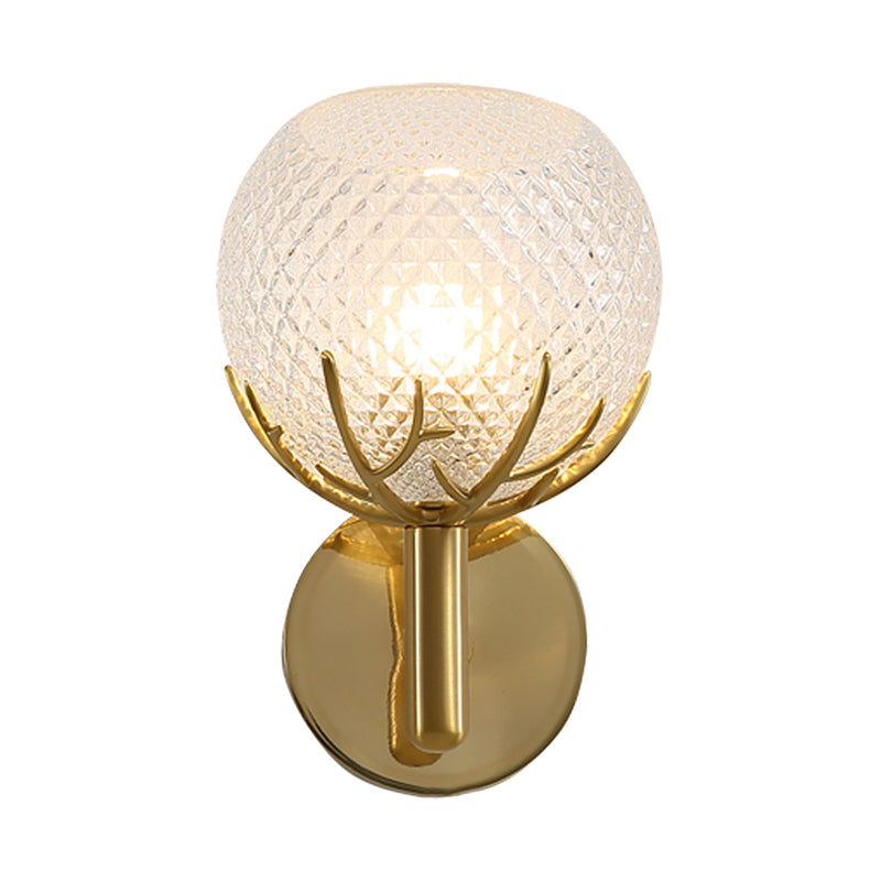 Contemporary Frosted Lattice Glass Wall Lamp - 1 Light Brass Finish Sconce