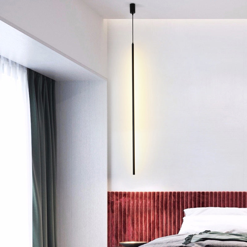 Minimalist Black LED Pendant Light with Acrylic Pole for Bedside Suspension