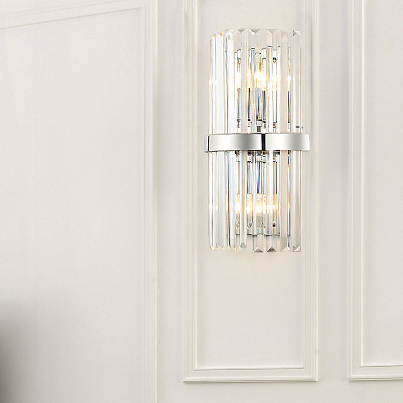 Clear Crystal Cylinder Wall Sconce In Chrome - Contemporary 2 Light Bedroom Lighting Fixture