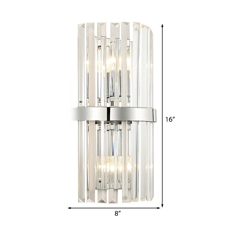 Clear Crystal Cylinder Wall Sconce In Chrome - Contemporary 2 Light Bedroom Lighting Fixture