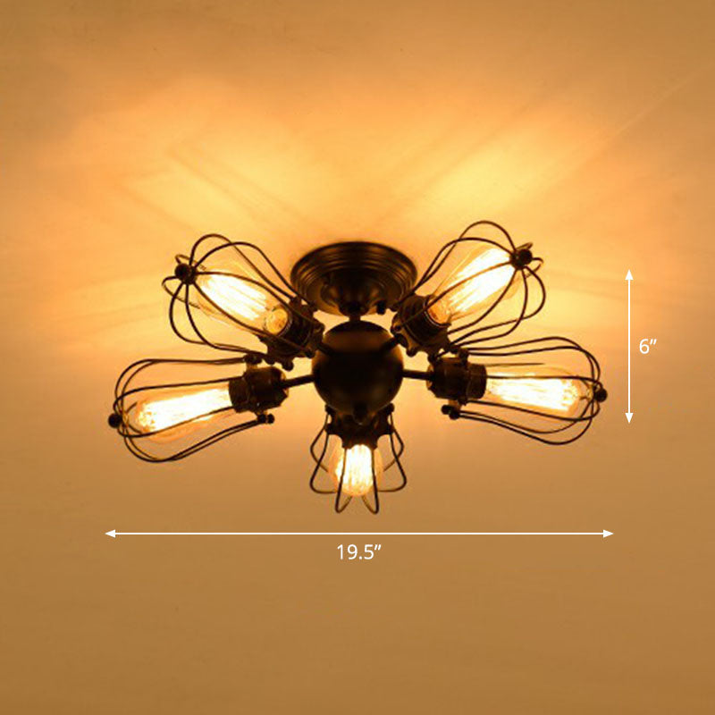 Vintage Black Iron Semi Flush Ceiling Light With Radial Shape And Cage - Ideal For Restaurants / A