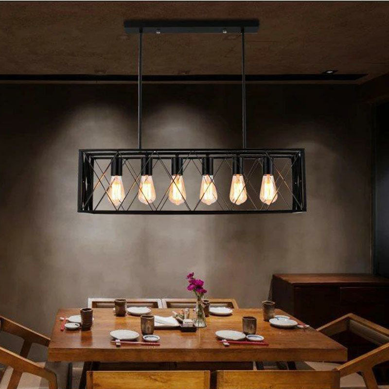 Industrial Cross Framed Pendant Light In Black For Dining Room - Iron Hanging Island