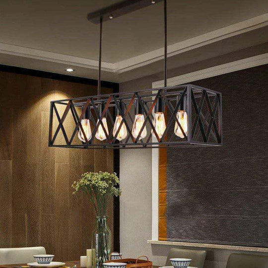 Industrial Cross Framed Pendant Light In Black For Dining Room - Iron Hanging Island