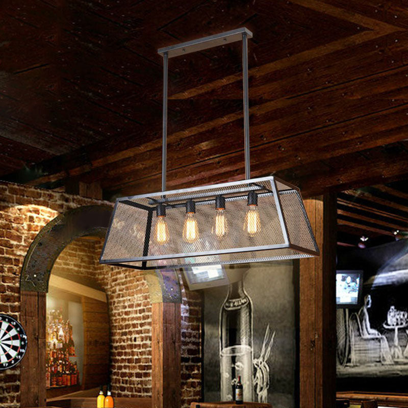 Antique Black Iron Trapezoid Suspension Light With 4 Heads - Restaurant Island Chandelier