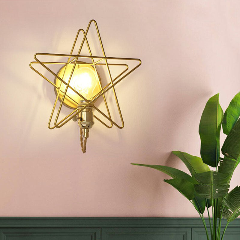 Gold Star Cage Wall Lamp - Simplicity Bedside Light Fixture Metallic Finish 1 Bulb