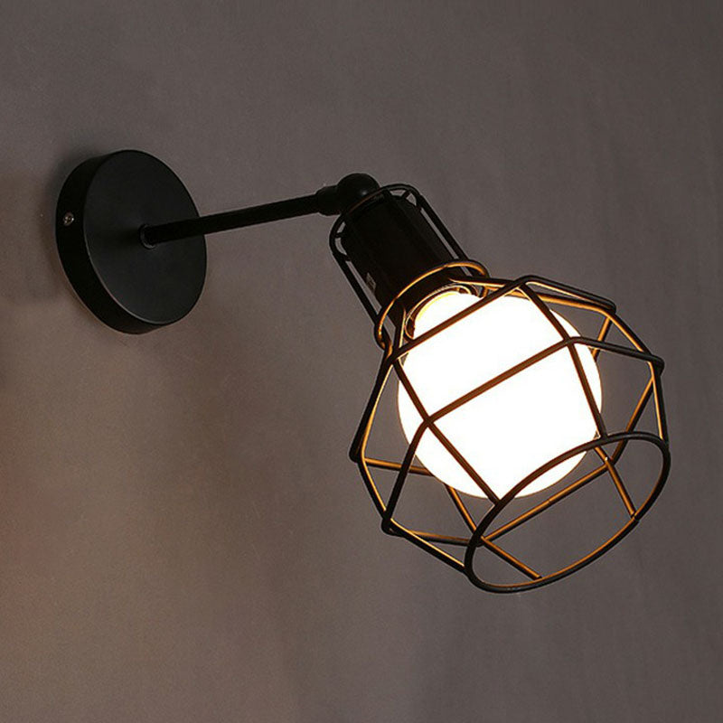 Iron Caged Wall Light Retro Style 1 Head Lighting In Black For Living Room