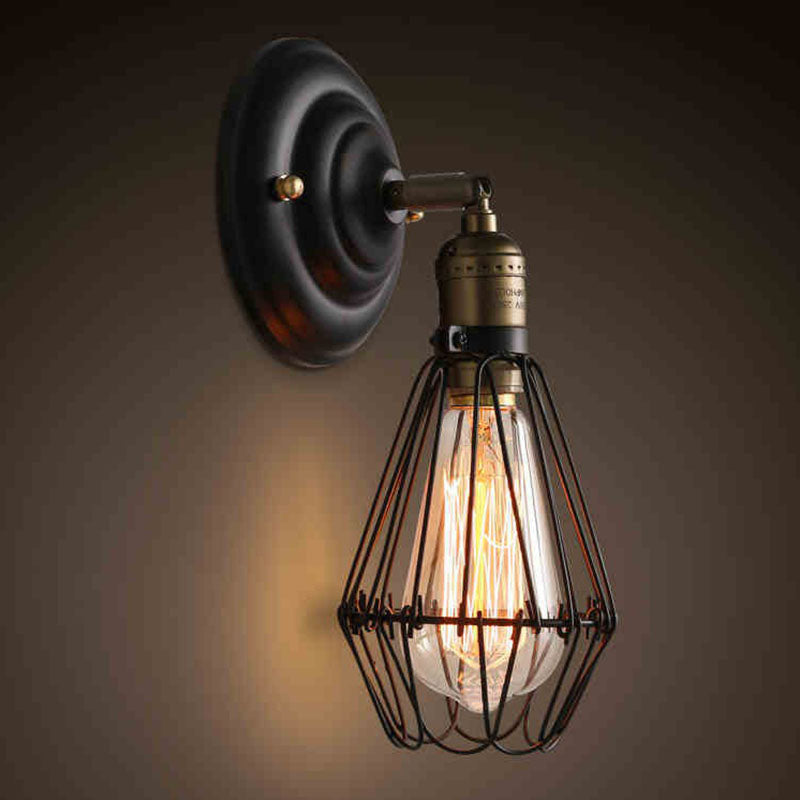 Black Industrial Wall Mount Iron Light Fixture With Single Pear Cage Bulb