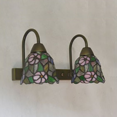 2-Head Tiffany Glass Wall Sconce Light In Flared Red/Purple/Pink With Flower Pattern