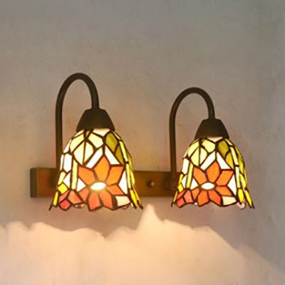 2-Head Tiffany Glass Wall Sconce Light In Flared Red/Purple/Pink With Flower Pattern Orange