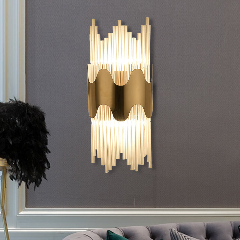 Modern Wavy Wall Sconce With Clear Crystal And 2 Lights In Brass Finish For Bedroom Lighting