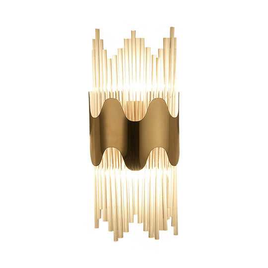 Modern Wavy Wall Sconce With Clear Crystal And 2 Lights In Brass Finish For Bedroom Lighting