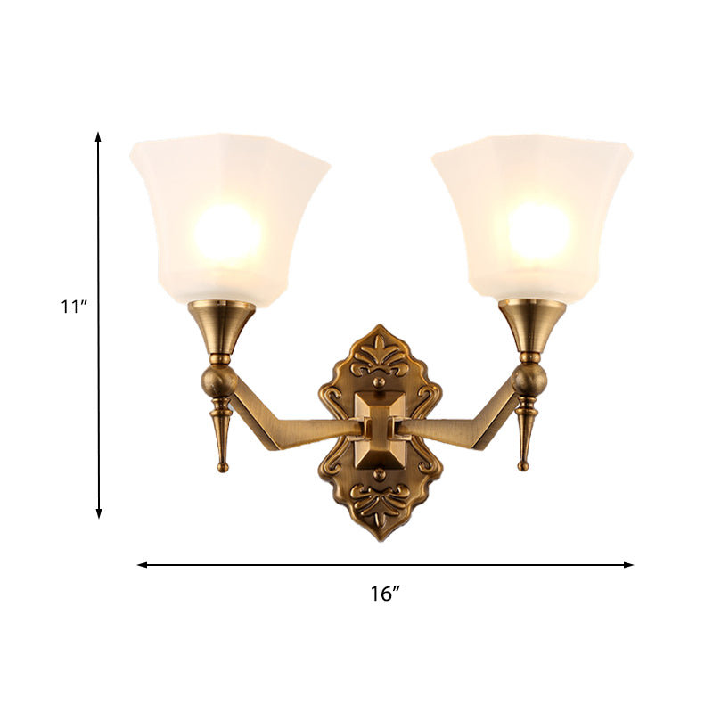 Traditional Flared Wall Sconce Light In Gold With Frosted Glass Shade For Bathroom