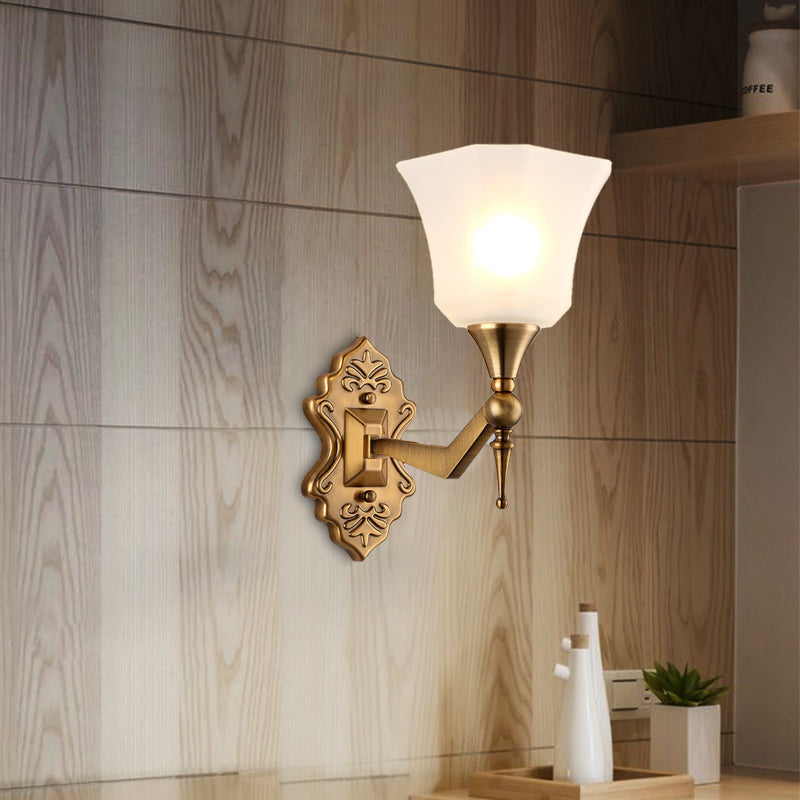 Traditional Flared Wall Sconce Light In Gold With Frosted Glass Shade For Bathroom