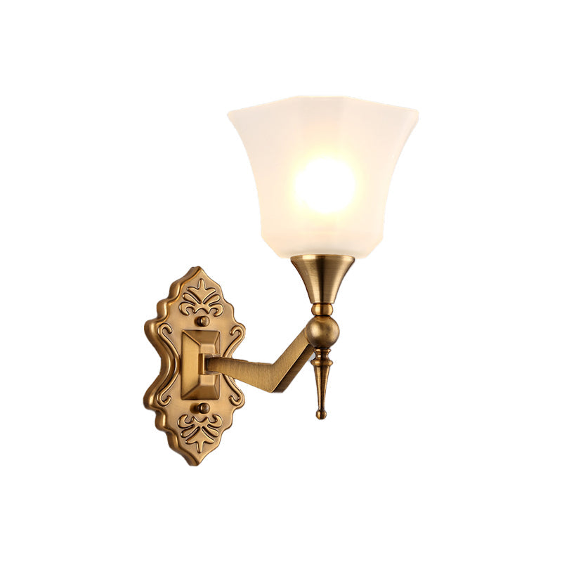 Traditional Flared Wall Sconce Light In Gold With Frosted Glass Shade For Bathroom