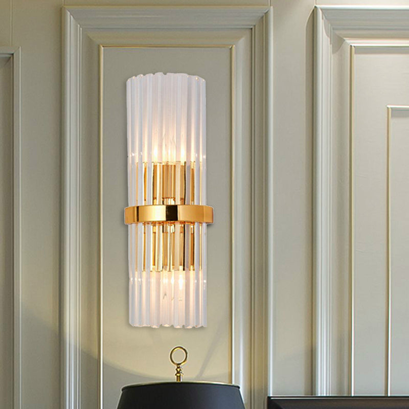 Modern Brass Finished Wall Mounted Sconce Lighting With Clear Crystal Shade - Set Of 2