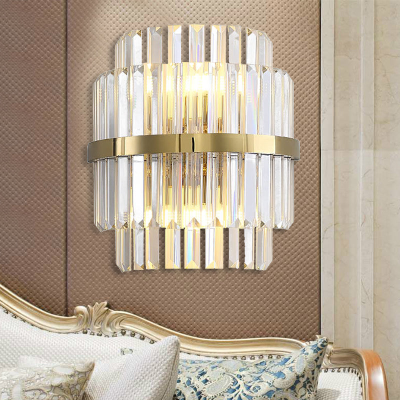 Contemporary Clear Crystal Cylinder Wall Lamp With 2 Brass Bulbs For Bedroom Lighting
