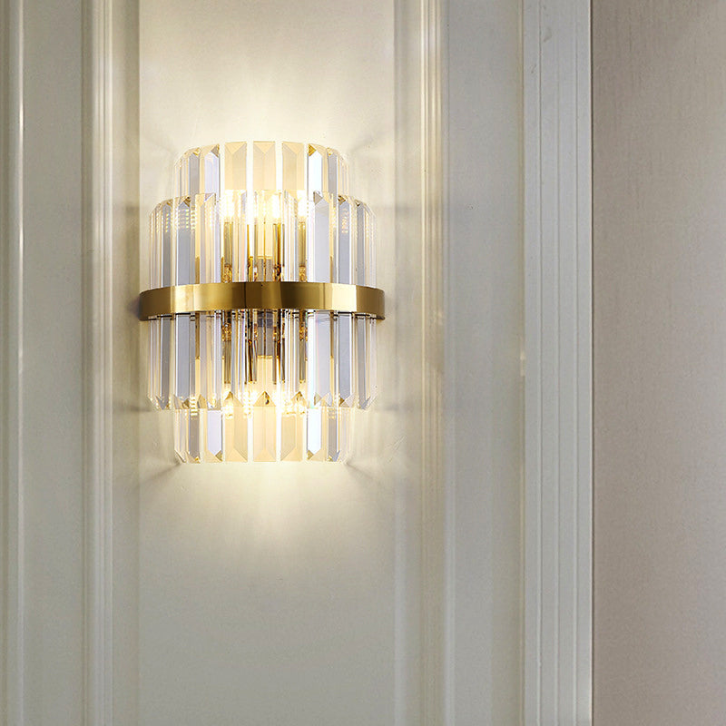 Contemporary Clear Crystal Cylinder Wall Lamp With 2 Brass Bulbs For Bedroom Lighting