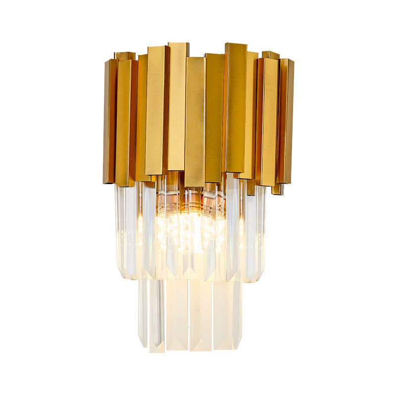 Modern Style Tiered Wall Sconce With Crystal Prism - Golden Metal 1 Light