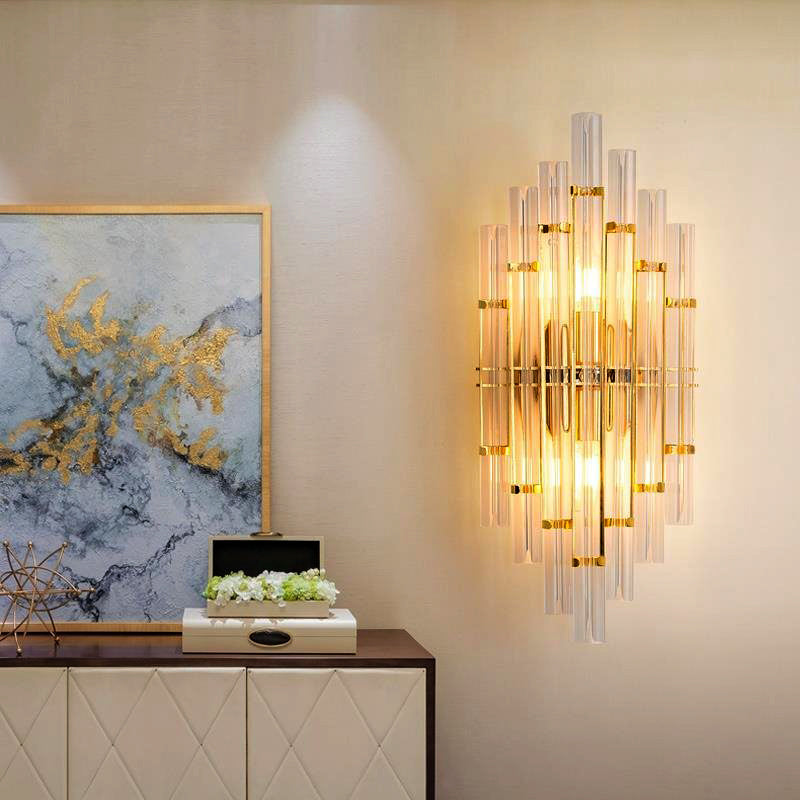 Contemporary Golden Wall Lamp With Clear Crystal Tubes - 2 Lights Living Room Fixture Gold