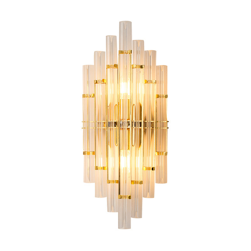 Contemporary Golden Wall Lamp With Clear Crystal Tubes - 2 Lights Living Room Fixture
