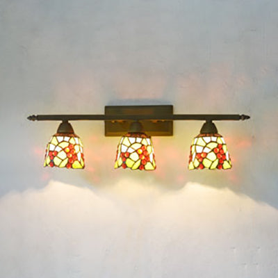 Tiffany Rustic Bell Wall Sconce Lamp: Stained Glass Bathroom Lighting With 3 Pink/Red/Orange/Purple