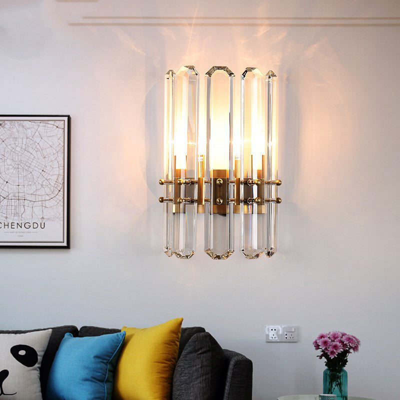 Modern Metal Cylinder Wall Sconce Light With Clear Crystal Prism Golden Finish 2 Bulbs Ideal For