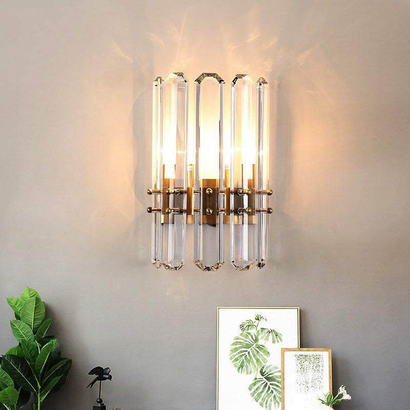 Modern Metal Cylinder Wall Sconce Light With Clear Crystal Prism Golden Finish 2 Bulbs Ideal For