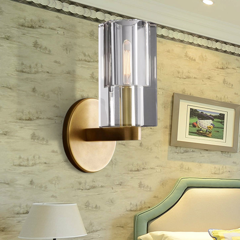 Modern Clear Crystal Cylinder Wall Lamp With Brass Backplate - 1 Light Fixture