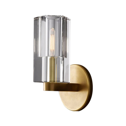 Modern Clear Crystal Cylinder Wall Lamp With Brass Backplate - 1 Light Fixture