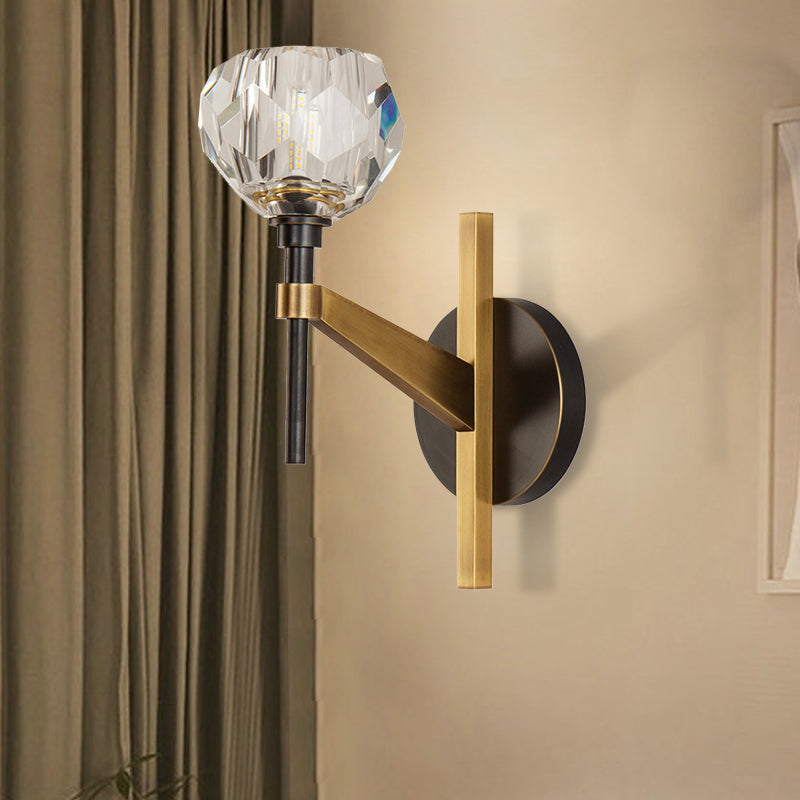 Clear Crystal Dome Wall Sconce Lamp In Brass Finish: Modern Style For Living Room