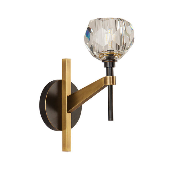 Clear Crystal Dome Wall Sconce Lamp In Brass Finish: Modern Style For Living Room
