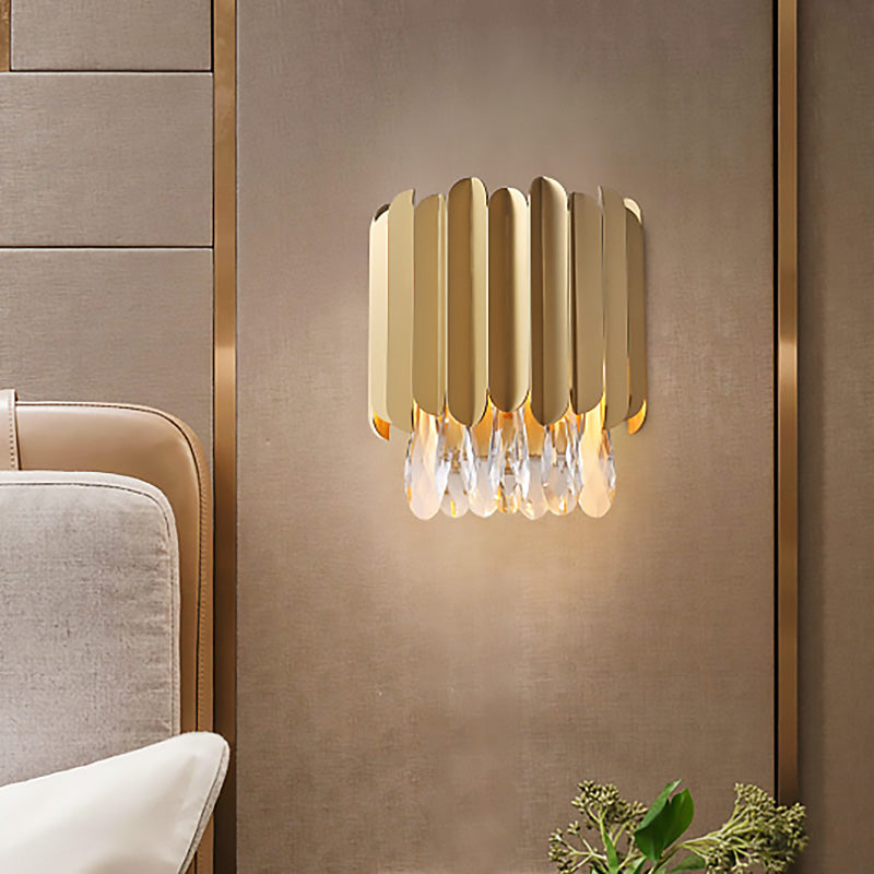 Contemporary Clear Crystal Wall Lamp - 1 Light Brass Finish Ideal For Living Room Lighting