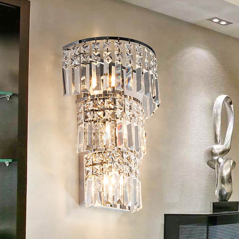 Vintage-Style Clear Crystal Wall Sconce With Tiered Lighting - Ideal For Hallway Décor