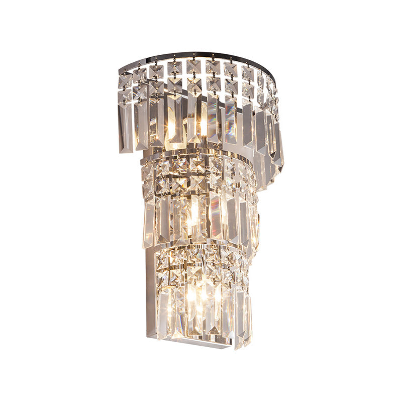 Vintage-Style Clear Crystal Wall Sconce With Tiered Lighting - Ideal For Hallway Décor Chrome