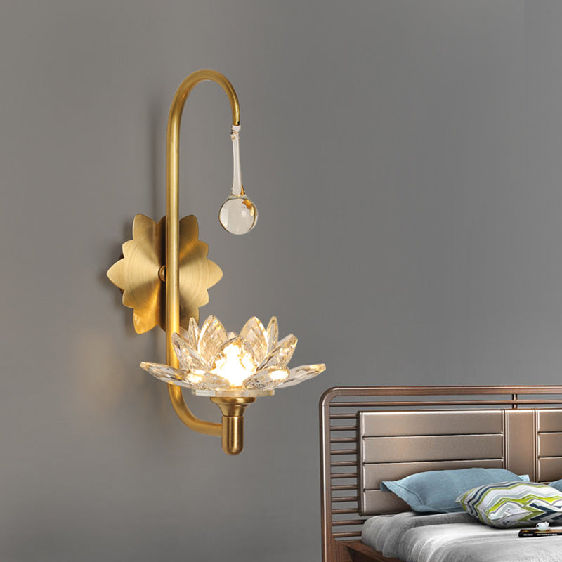 Lotus Wall Lamp With Clear Crystal Modernist Design - 1 Head Bedside Sconce In Brass