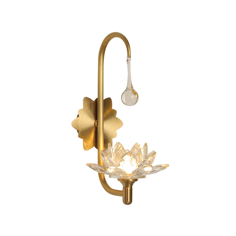 Lotus Wall Lamp With Clear Crystal Modernist Design - 1 Head Bedside Sconce In Brass