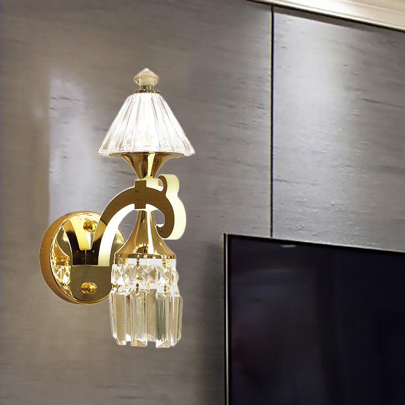 Contemporary Gold Finish Conic Wall Sconce With Crystal Draping - Metal Mount Light