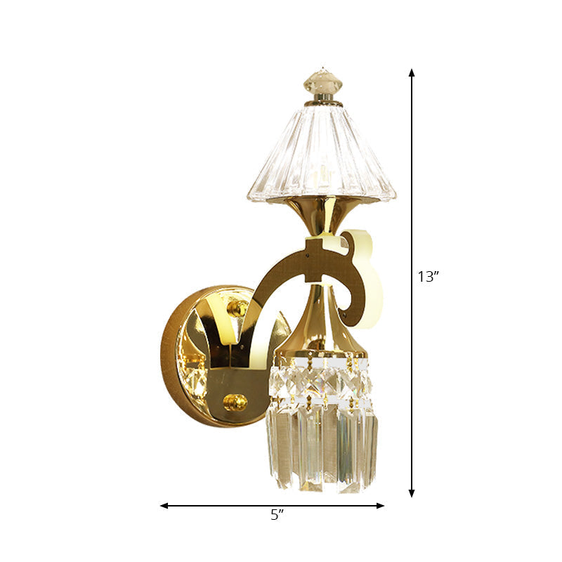 Contemporary Gold Finish Conic Wall Sconce With Crystal Draping - Metal Mount Light