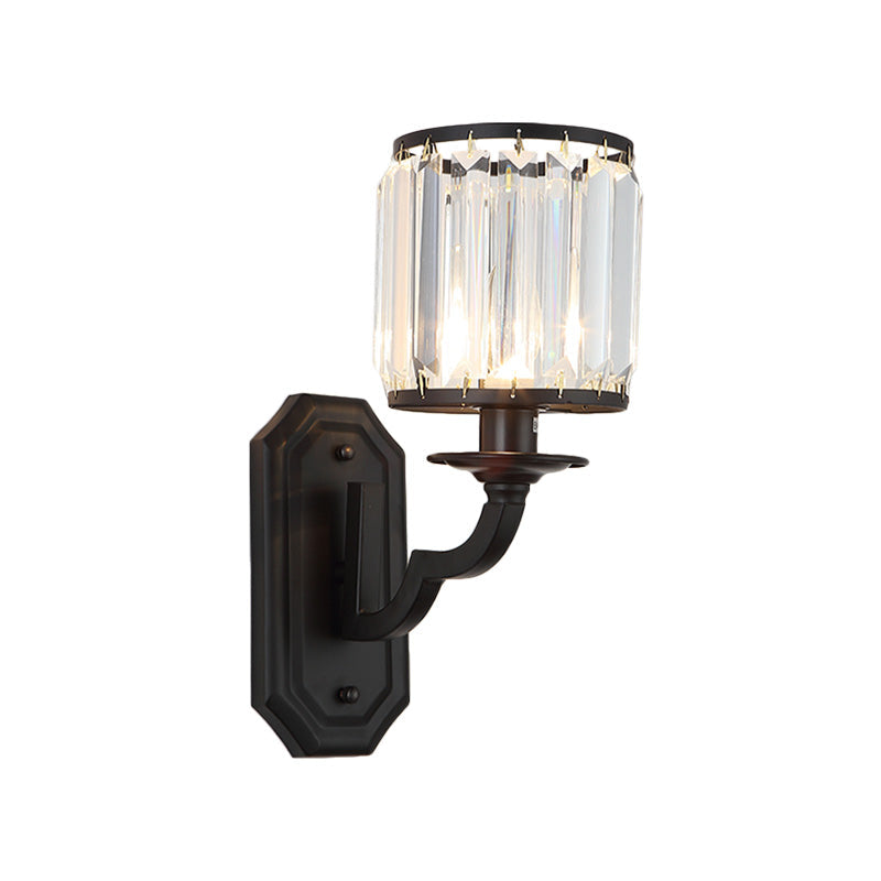 Modern Black/Gold Cylinder Wall Light Sconce With Clear Crystal Accent For Bedroom