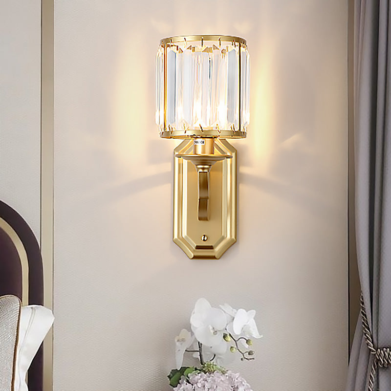 Modern Black/Gold Cylinder Wall Light Sconce With Clear Crystal Accent For Bedroom Gold