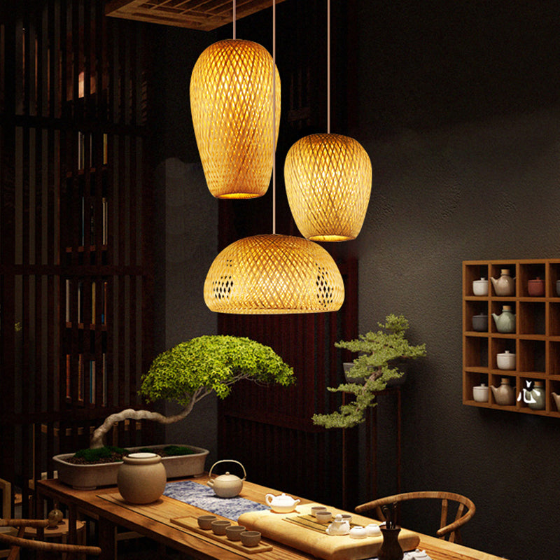 Handcrafted Bamboo Ceiling Light - Asian Style Wood Hanging Lamp for Restaurants - 1 Bulb