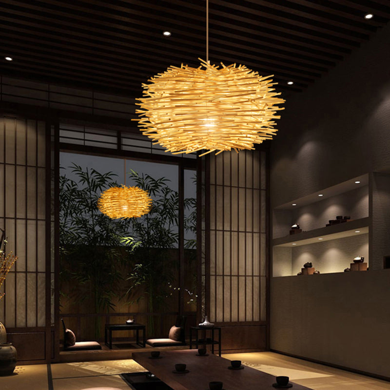 Handcrafted Bamboo Ceiling Light - Asian Style Hanging Lamp For Restaurants 1 Bulb Wood Fixture
