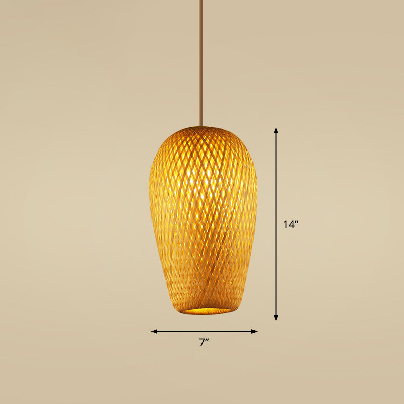 Handcrafted Bamboo Ceiling Light - Asian Style Hanging Lamp For Restaurants 1 Bulb Wood Fixture / F