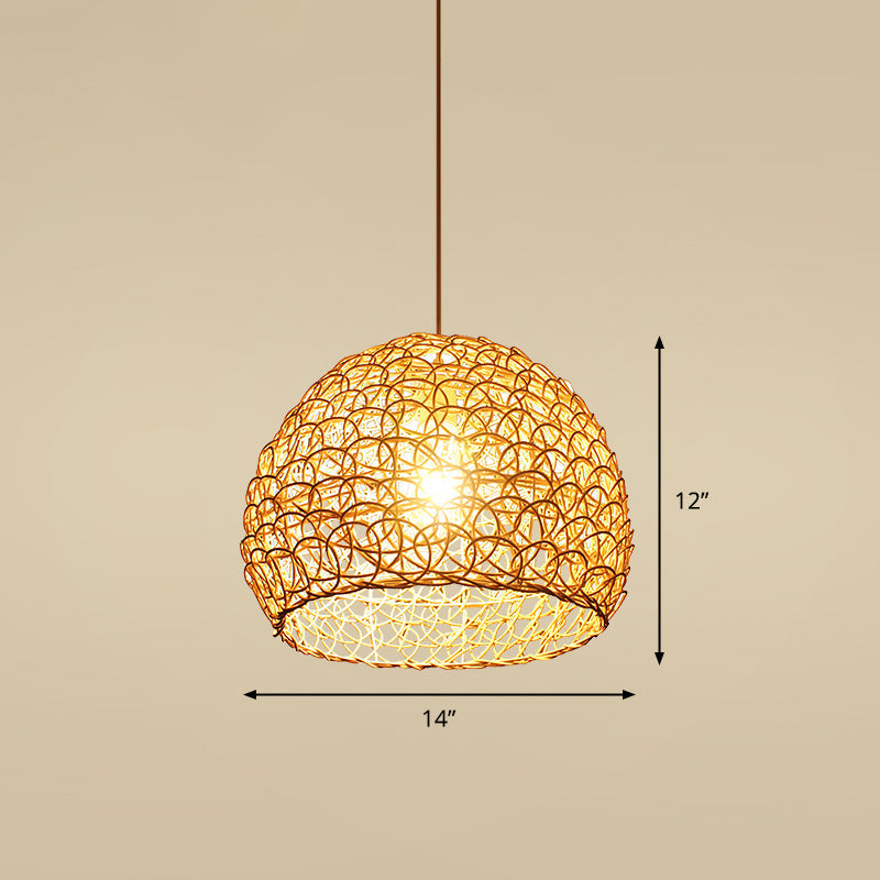 Handcrafted Bamboo Ceiling Light - Asian Style Hanging Lamp For Restaurants 1 Bulb Wood Fixture / H