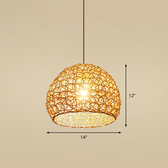 Handcrafted Bamboo Ceiling Light - Asian Style Hanging Lamp For Restaurants 1 Bulb Wood Fixture / H