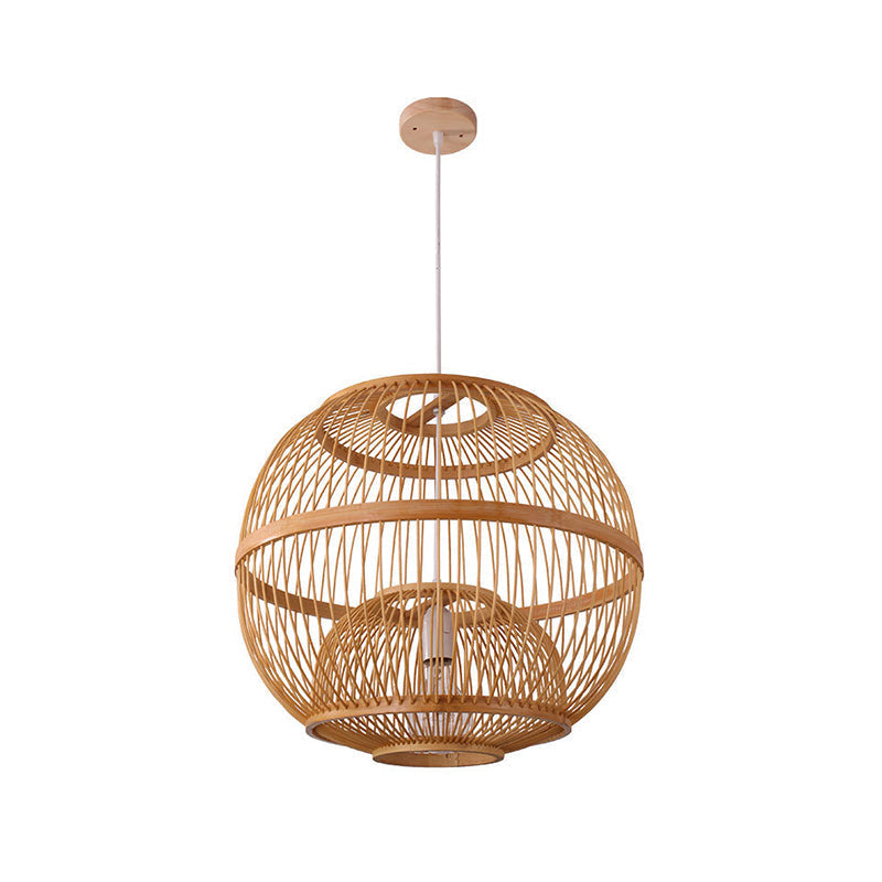 Asian Style Bamboo Ceiling Light With Globe Shade - 1 Bulb Wood Hanging Lamp For Tea Room