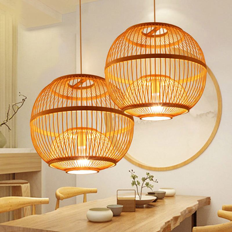 Asian Style Bamboo Ceiling Light With Globe Shade - 1 Bulb Wood Hanging Lamp For Tea Room