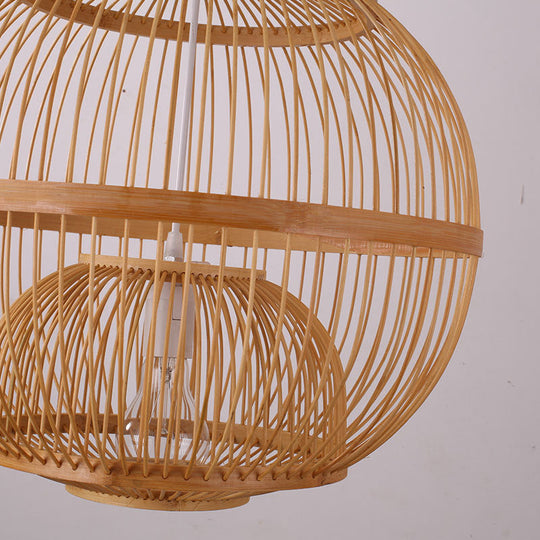 Asian Style Bamboo Ceiling Light With Globe Shade - 1 Bulb Wood Hanging Lamp For Tea Room