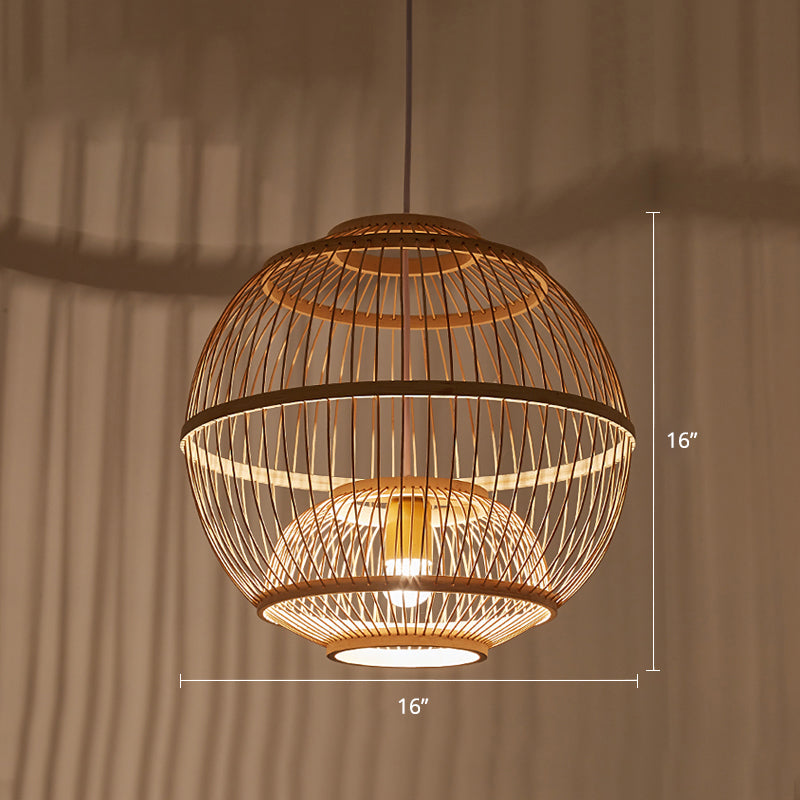 Minimalist Bamboo Pendant Ceiling Light With Sphere Shade - 1-Head Wood Suspension Lighting