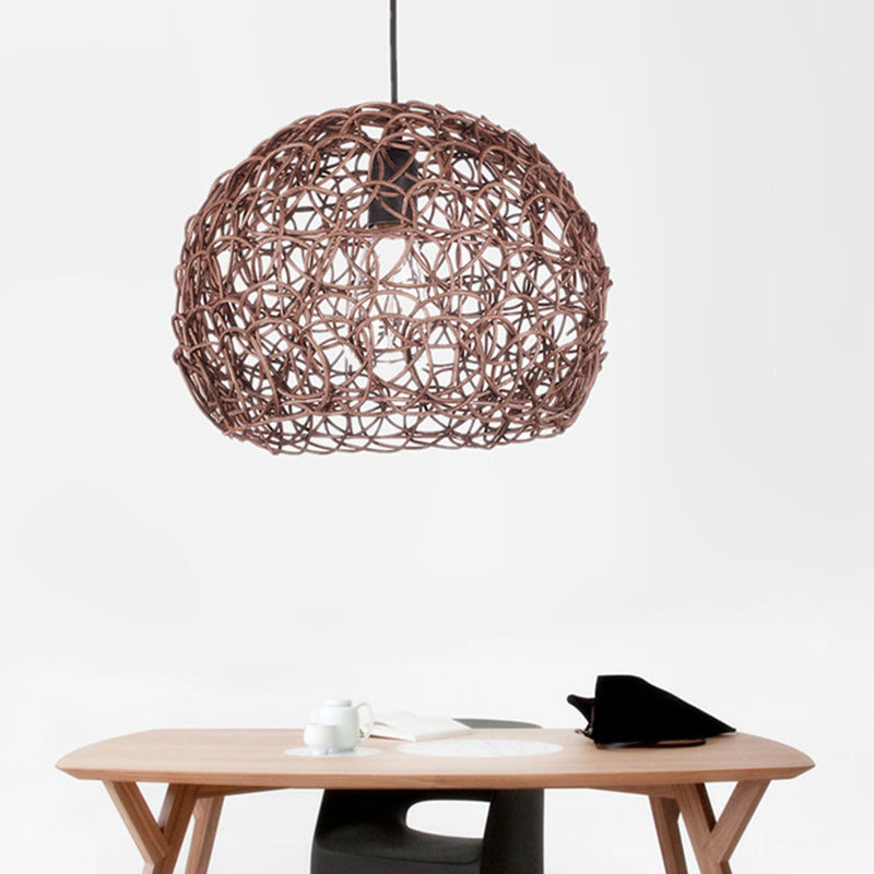 Contemporary Rattan Dome Pendant Light - Single-Bulb Restaurant Suspension Fixture